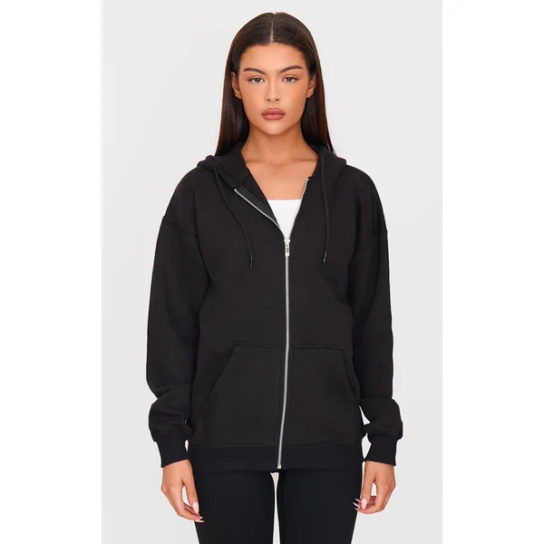 Black Oversized Zip Up Plain Front Hoodie