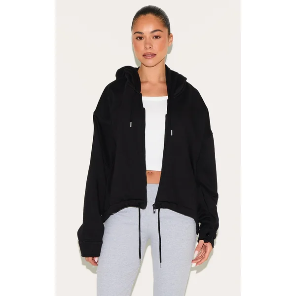 Black Oversized Zip Up Toggle Waist Hoodie
