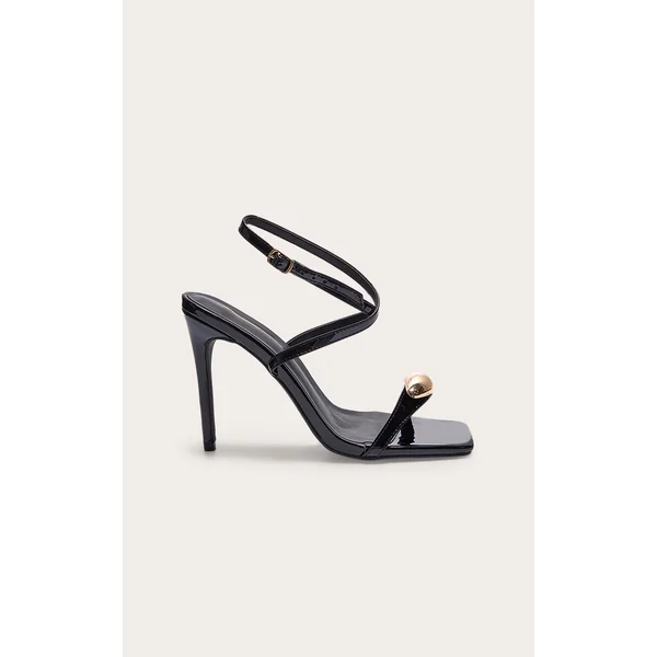 Black Patent PU Square Toe Metal Trim High Stiletto Heeled Sandals