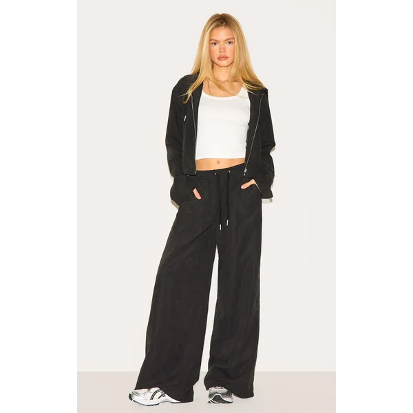Black Peach Skin Woven Wide Leg Pants