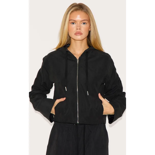 Black Peach Skin Woven Zip Up Jacket