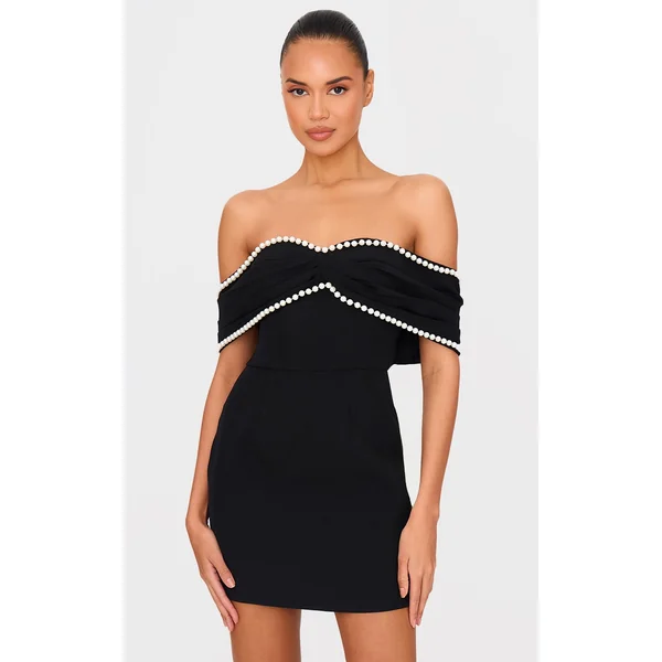 Black Pearl Detail Bardot Bow Bodycon Dress