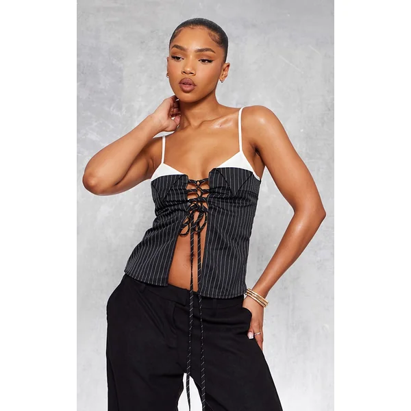 Black Pinstripe Contrast Stap Lace Up Top