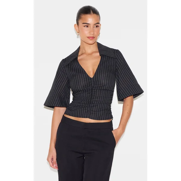 Black Pinstripe Fitted Boxy Sleeve Shirt