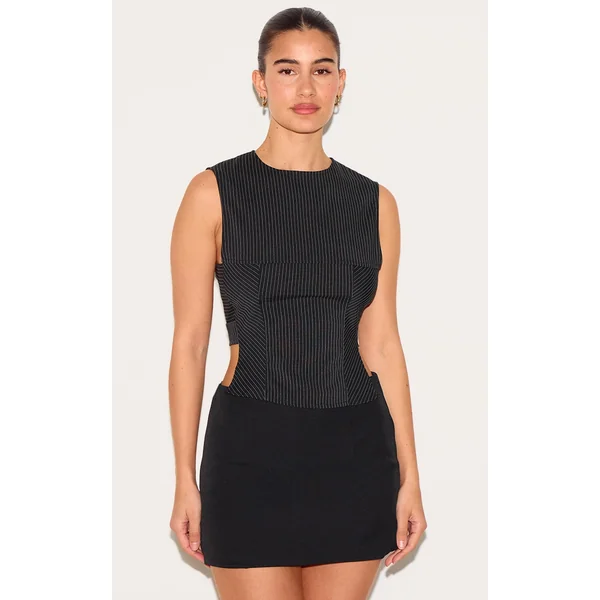 Black Pinstripe Fitted Top