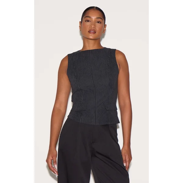 Black Pinstripe Peach Skin Sleeveless Long Top