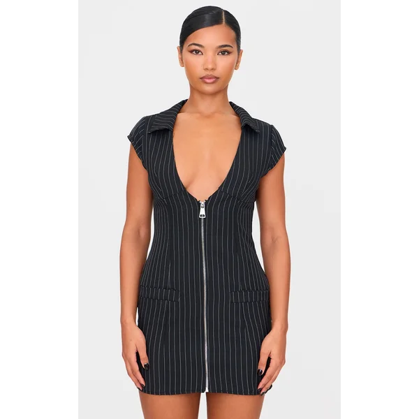 Black Pinstripe Pocket Detail Zip Up Mini Dress