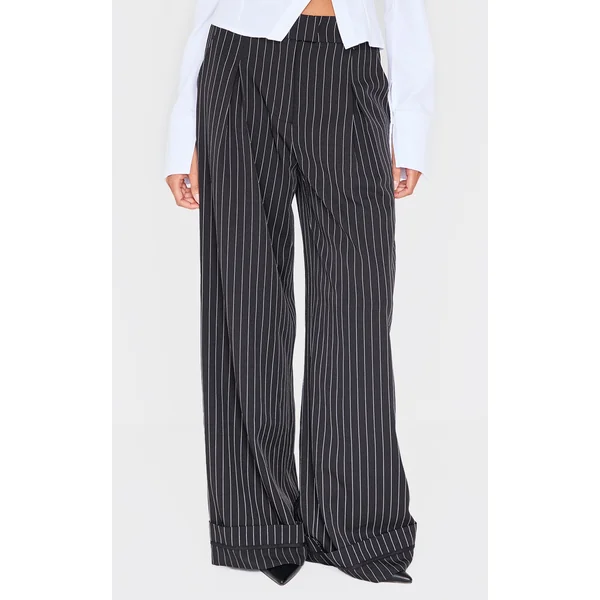 Black Pinstripe Tailored High Waisted Turn Up Hem Straight Leg Pants