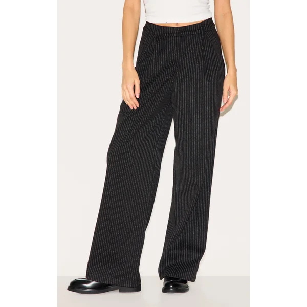 Black Pinstripe Tailored Wool Feel Mid Rise Pants