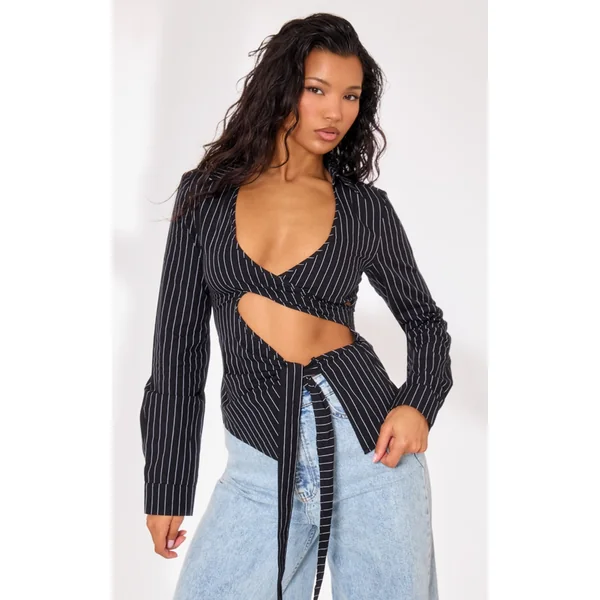 Black Pinstripe Tie Front Cut Out Shirt