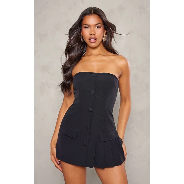 Black Pleat Detail Bandeau Skort Romper