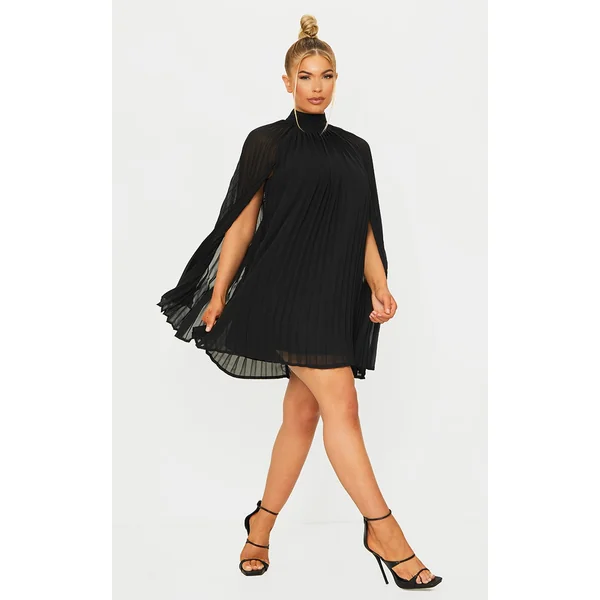 Black Pleated Cape High Neck Shift Dress