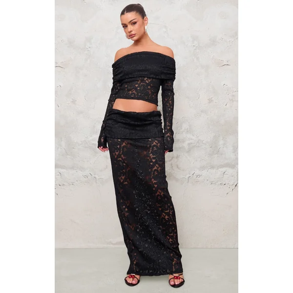 Black Pleated Lace Foldover Maxi Skirt
