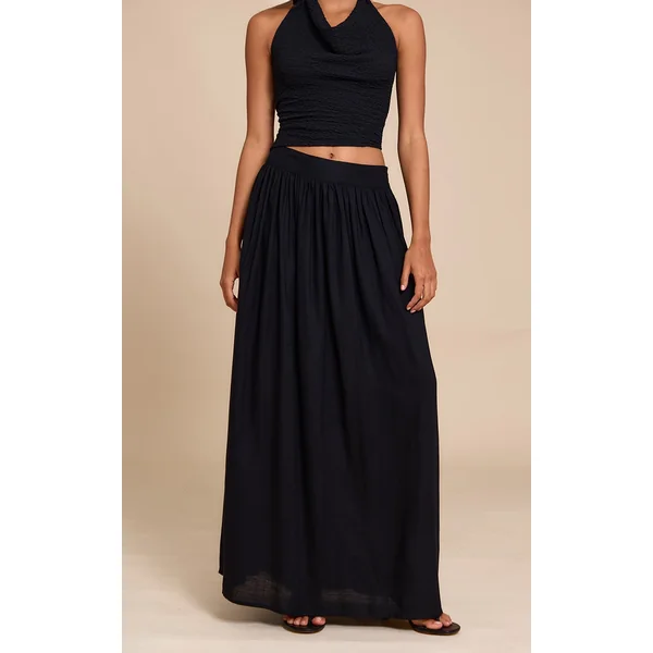 Black Pleated Linen Look Maxi Skirt