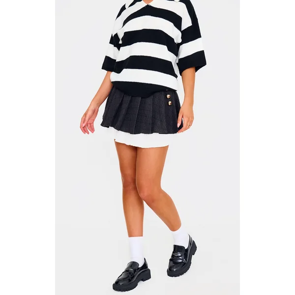 Black Pleated Textured Boucle Mini Skirt