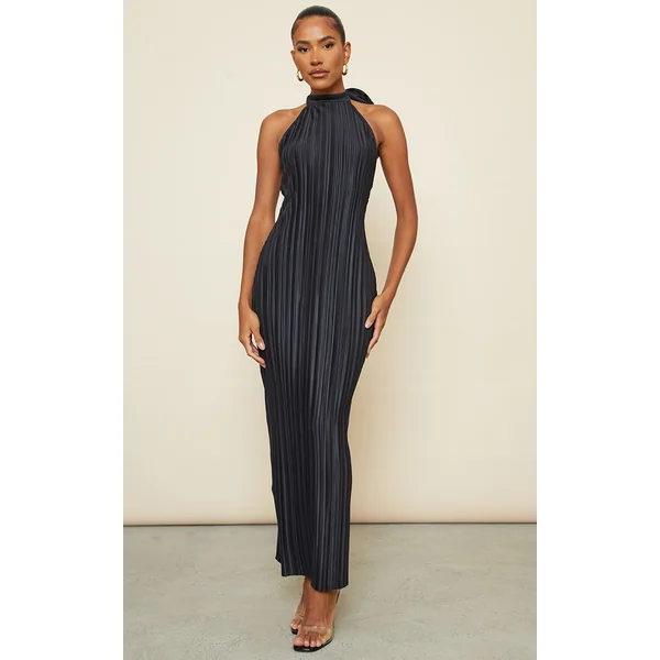 Black Plisse High Neck Low Back Maxi Dress