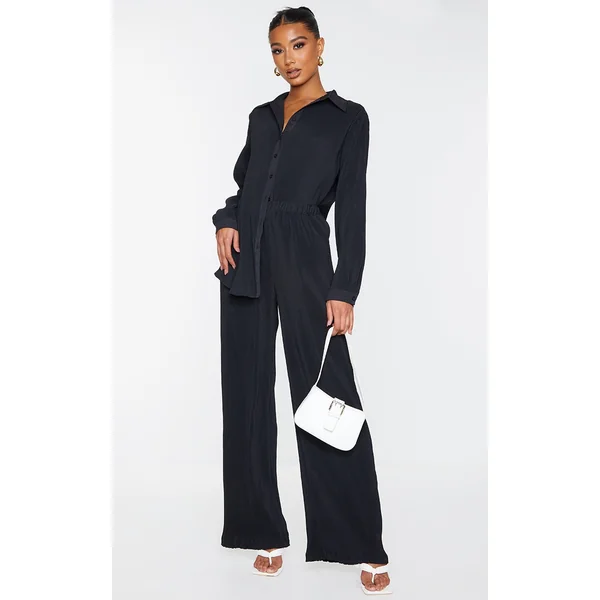 Black Plisse High Waisted Wide Leg Pants