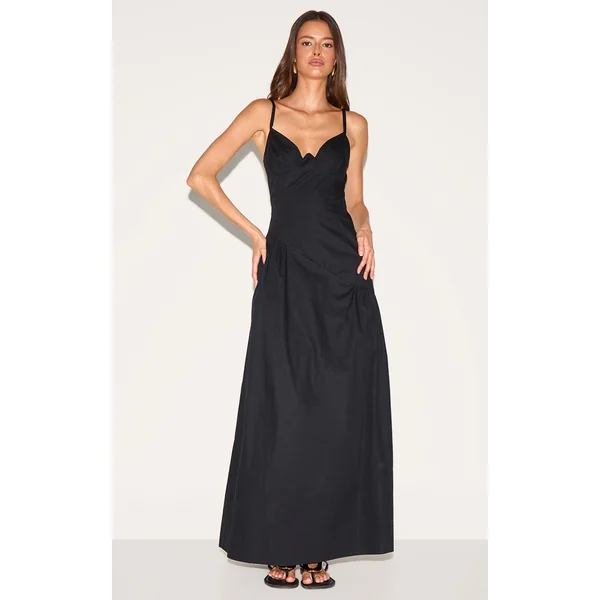 Black Plunge Asymmetric Detail Maxi Dress