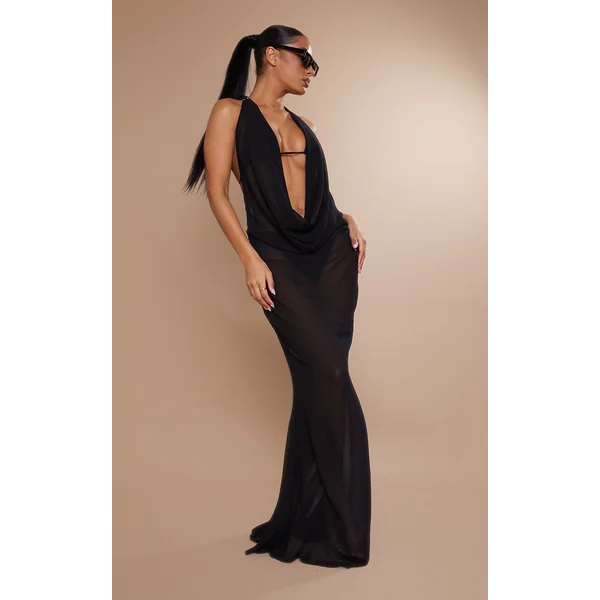 Black Plunge Front Open Back Beach Dress