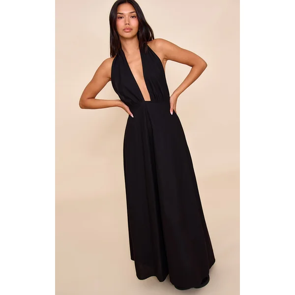 Black Plunge Halterneck Maxi Dress