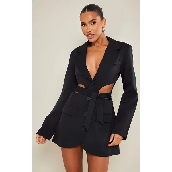 Black Plunge Side Cut Out Tie Detail Blazer Dress