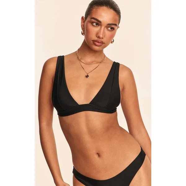 Black Plunge Triangle Seam Detail Bikini Top