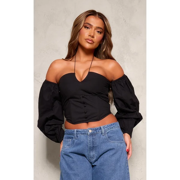 Black Poplin Elastic Halter Bardot Top