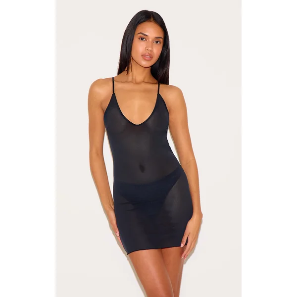 Black Power Mesh Shapewear Slip Dress And Thong