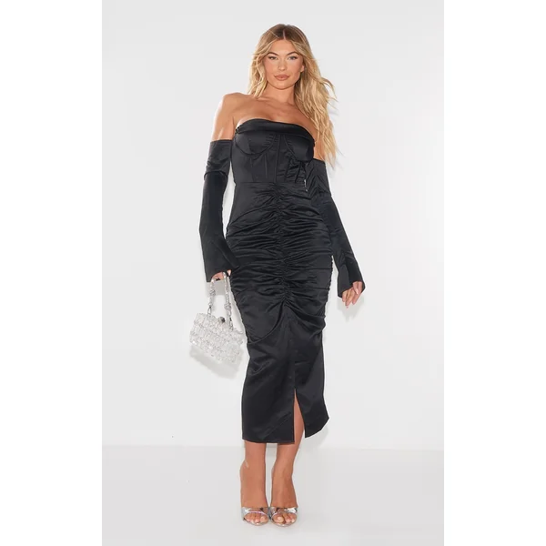 Black Premium Constructed Satin Draped Front Midi Dress