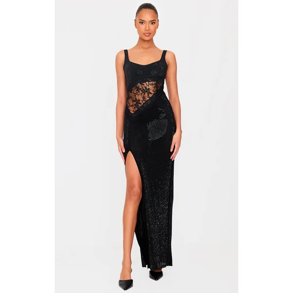 Black Premium Diamante Lace Detail Corset Maxi Dress