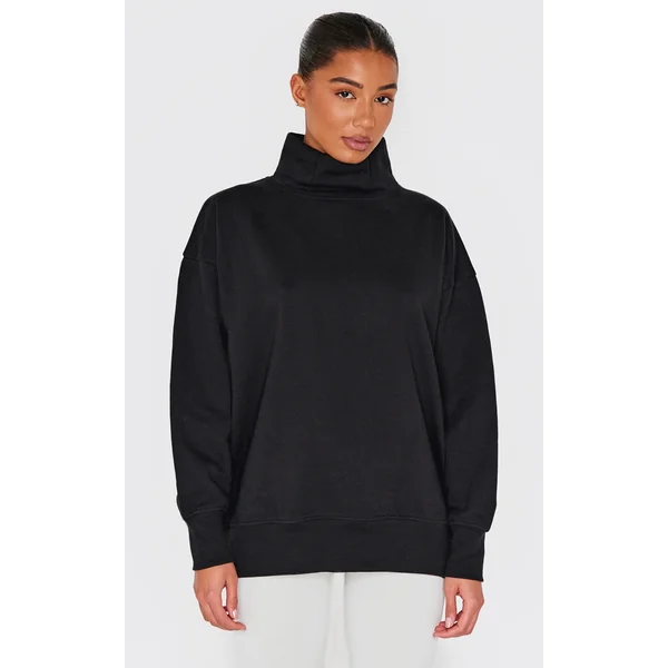Black Premium Fleeceback Oversized High Neck Sweatshirt