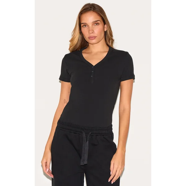 Black Premium Interlock Button Down Short Sleeve Bodysuit