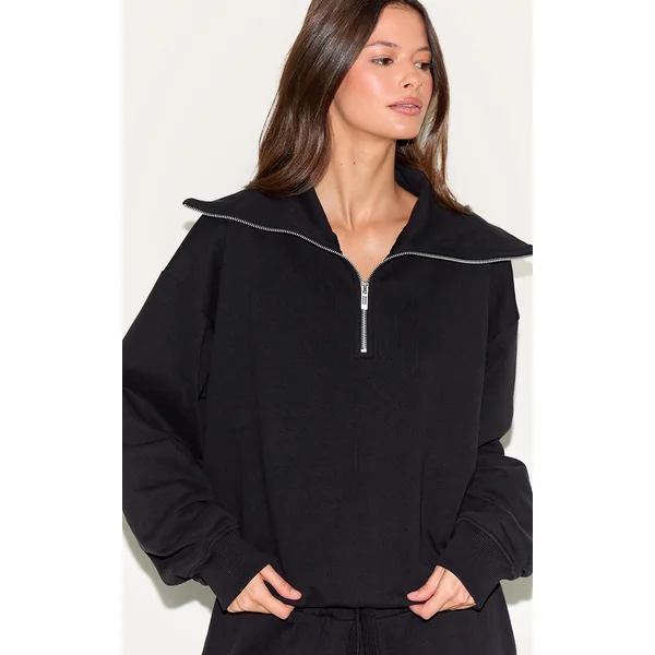 Black Premium Loopback Quarter Zip Foldover Sweatshirt