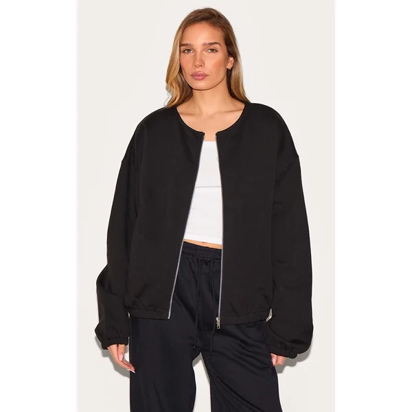 Black Premium Oversized Boxy Collarless Zip Sweat Top
