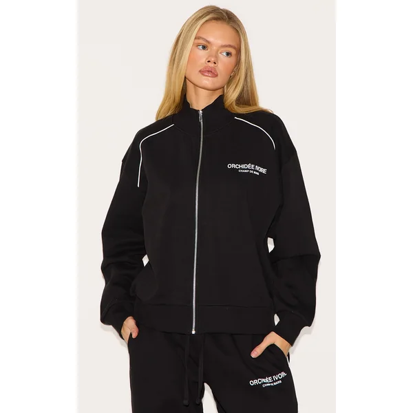 Black Premium Piping Detail High Neck Zip Through Sweatshirt