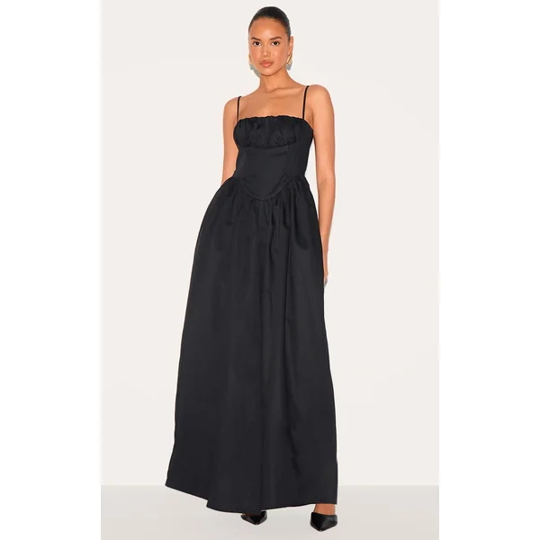 Black Premium Ruched Corset Detail Wide Leg Jumpsuit