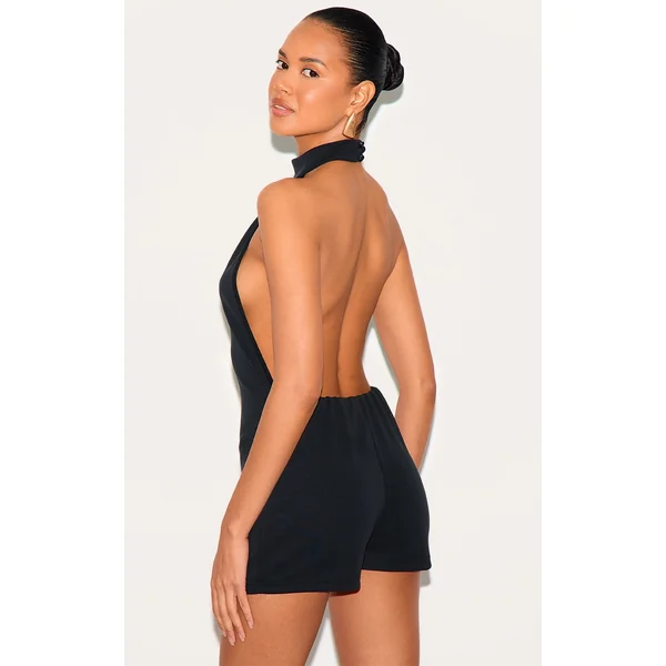 Black Premium Soft Touch Backless Halter Neck Unitard