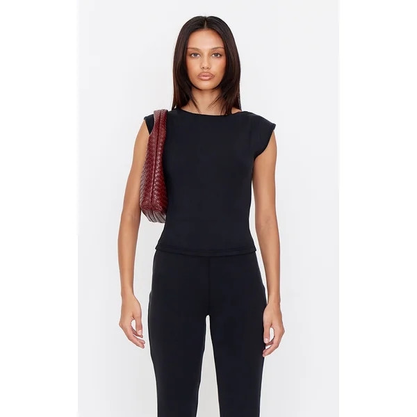 Black Premium Soft Touch Boatneck Longline Top