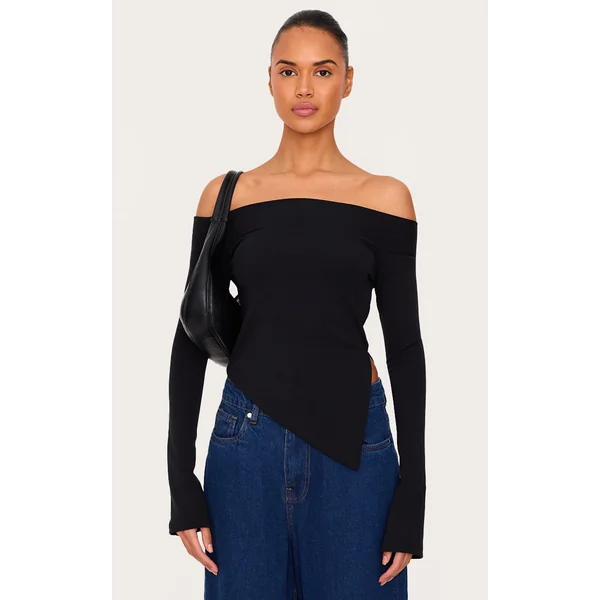 Black Premium Soft Touch Fold Bardot Asymmetric Top