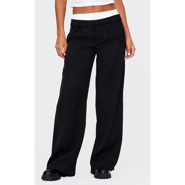 Black Premium Woven Double Waistband Tailored Pants