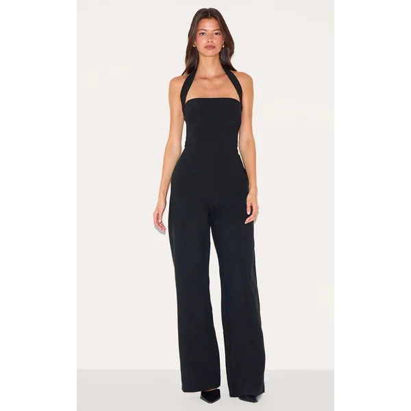 Black Premium Woven Halterneck Straight Leg Jumpsuit