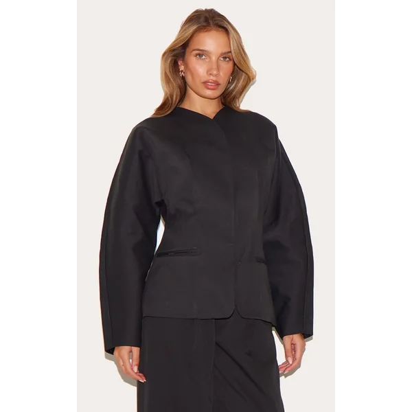 Black Premium Woven Tailored Collarless Blazer