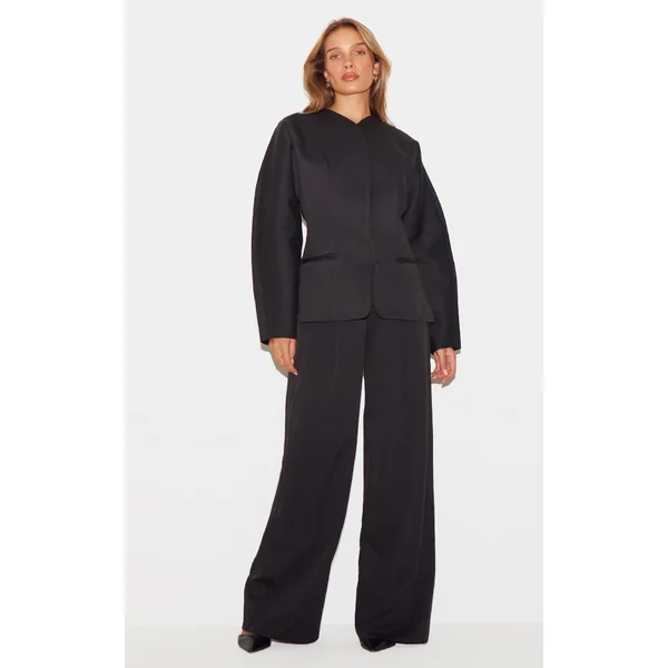 Black Premium Woven Tailored Wide Leg Pleated Pants
