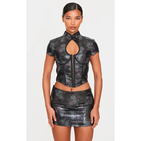 Black Printed Sequin Band Collar Corset Top