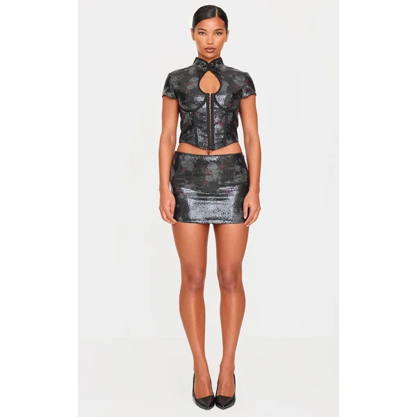 Black Printed Sequin Micro Mini Skirt
