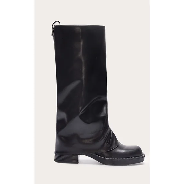 Black Pu Block Heeled Fold Over Knee High Boots