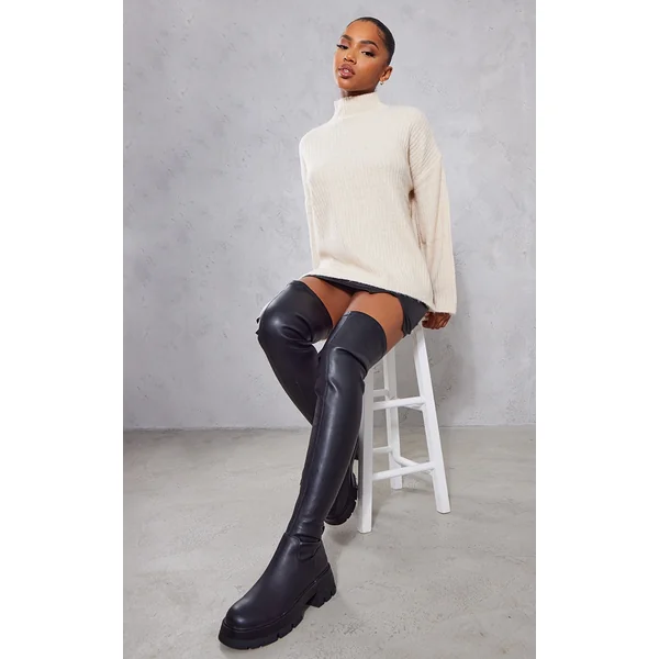 Black PU Chunky Arched Sole Over The Knee Boots