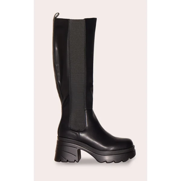 Black Pu Chunky Chelsea Heeled Knee High Boots