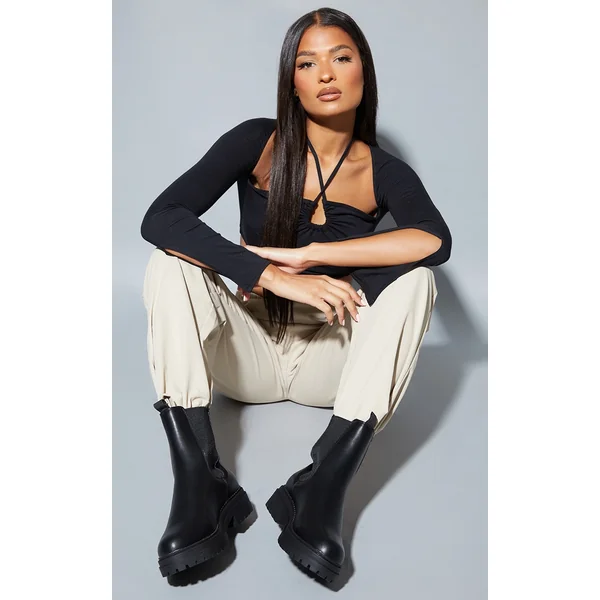 Black Pu Chunky Sole Elastic Chelsea Ankle Boots