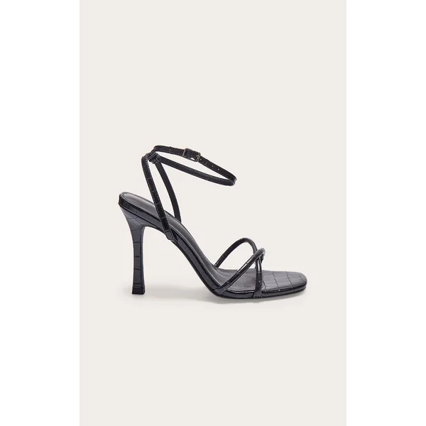 Black PU Croc Square Toe Barely There High Heeled Sandals